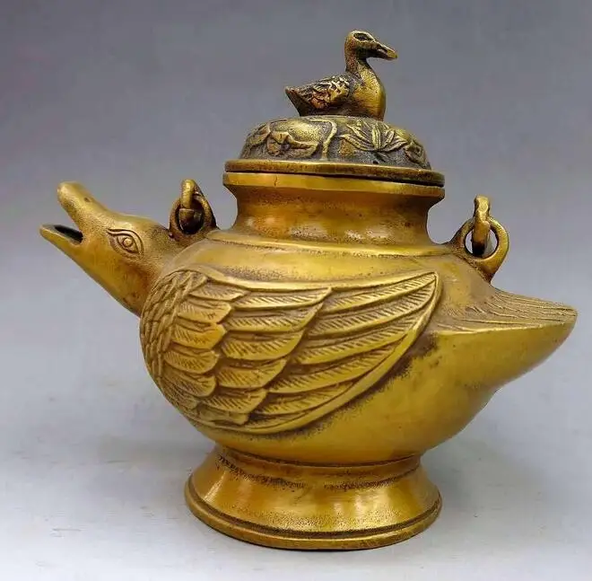China bronze gild carved beautiful two duck sculpture Teapot pot Statue