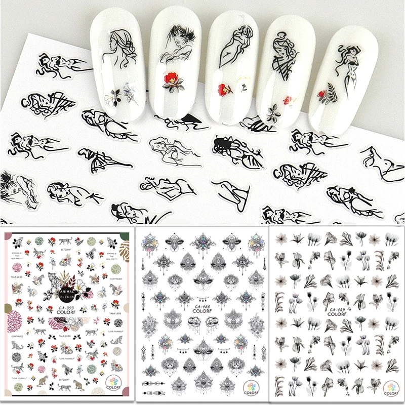 

WAKEFULNESS 1 Sheet Sexy Girl 3D Nail Sticker Flowers Leopard Image Nail Art Stickers Adhesive Decals Manicure Decorations
