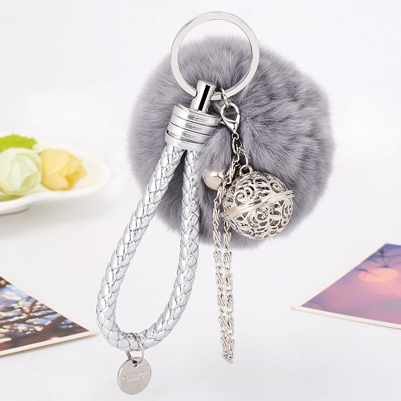 

Leather Rope Bell Keychain Key Chain Fur Keychain Pom Pom KeyChains Pompon Fluffy Porte Clef Pompom De Fourrure Keyring Charms