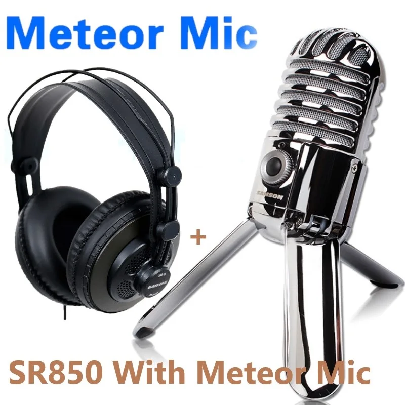 Samson Meteor Mic USB Студийный конденсаторный микрофон и наушники SR850 использование для компьютера домашняя студия или программное обеспечение распознавания голоса