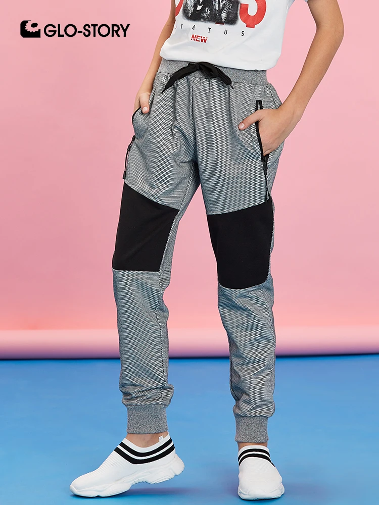 

GLO-STORY Teenage Kids Boy 2019 Track Sweatpants Children Boy Knee black Patchwork Full Length Knitted Pants BRT-8267