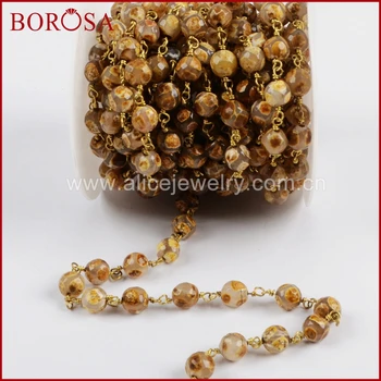 

BOROSA Fashion 5Meters Gold Color 8mm Blue Tibetan Agates Bead Chain Fashion Brass Beaded Chains Jewelry Findings JT227