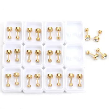 

316 Stainless Steel Ear Post Stud Earrings Gold Round Screwed Off Cubic Zirconia 3mm/4mm/5mm/6mm( 2/8") Dia.,1Set ( 12Pairs/Set)