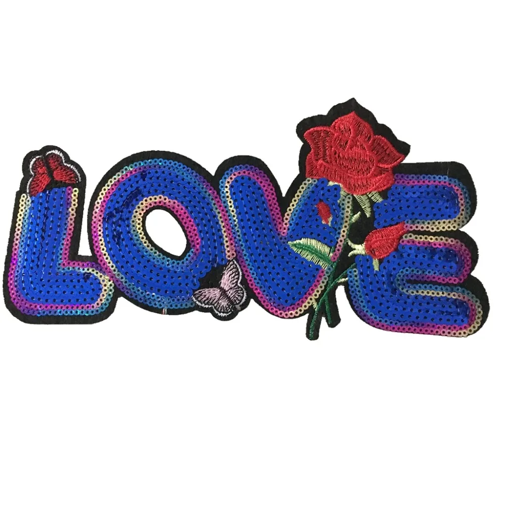 

5PCS/lot Blue Sequined LOVE Iron on Patches for Clothes DIY Garment Accessories Letter Sequins Embroidery Applique Patch Sewing