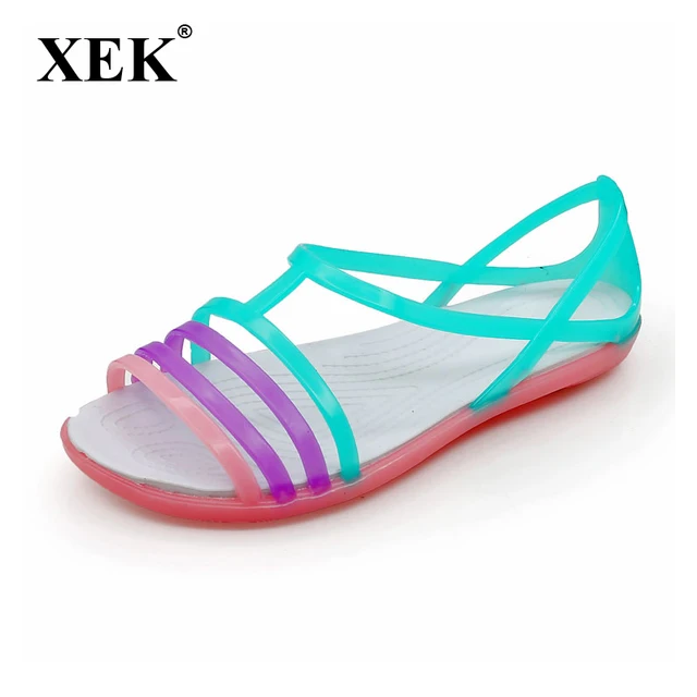 Women Sandals Summer New Candy Color Women Shoes Peep Toe Stappy Beach Valentine Rainbow Croc Jelly Shoes Woman Flats ST235
