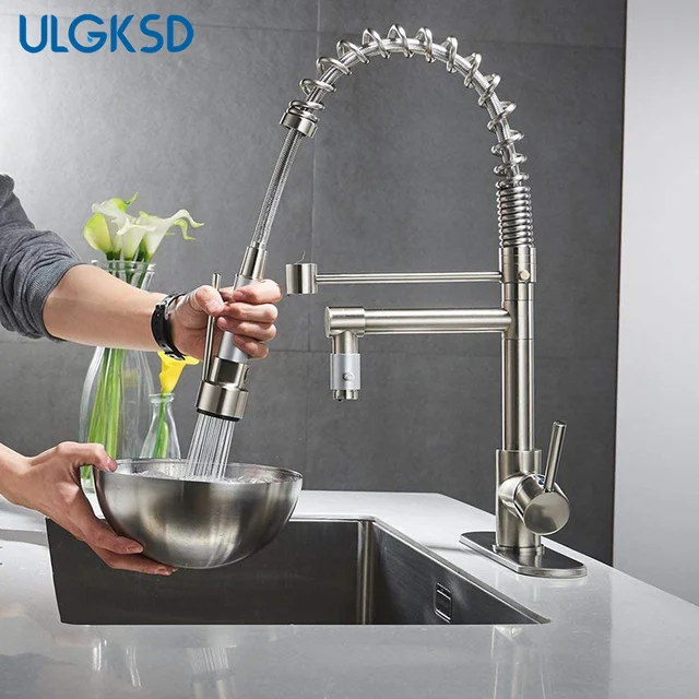 Special Offers ULGKSD Brass Kitchen Faucet 360 Rotation Pull Down Spray Head Single Handle Hot and Cold Water Mixer Tap Para Kitchen Sink 