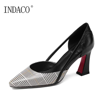 

2019 Spring Summer Women Leather Plaid Pumps Hollow Out 7.5cm Shoes Woman High Heel INDACO