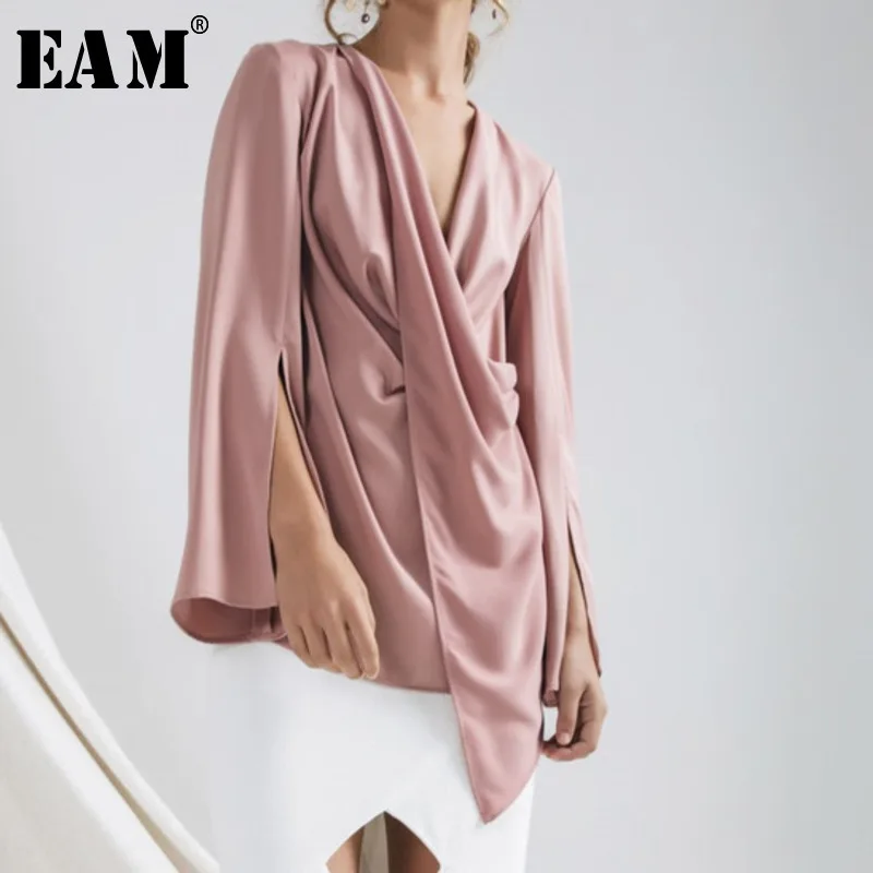 

[EAM] 2019 Spring Summer New Fashion Asymmetrical Long Flare Sleeve V-neck Shirt Women Blouse Temperament High Quality AA198