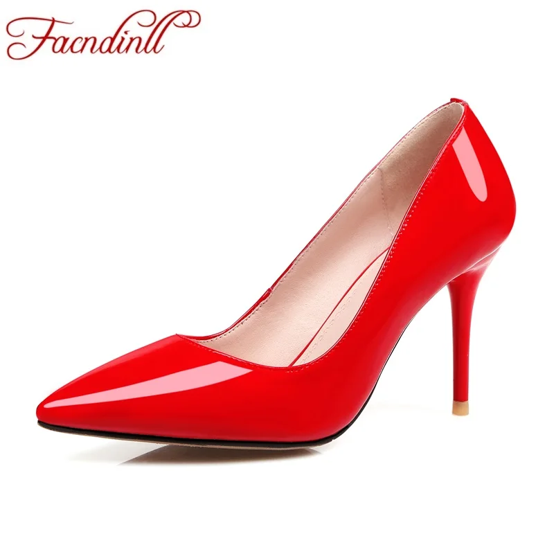 

FACNDINLL new fashion autumn women pumps sexy genuine leather high thin heels pointed toe black red office ladies dress pumps