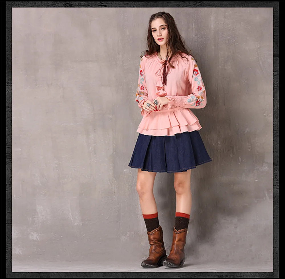 Vintage Women's Blouse Tshirt 2018 Spring New Cotton Linen Blouses Embroidery Flare Sleeve Flower Ruffles Hem Loose Women Shirt (15)