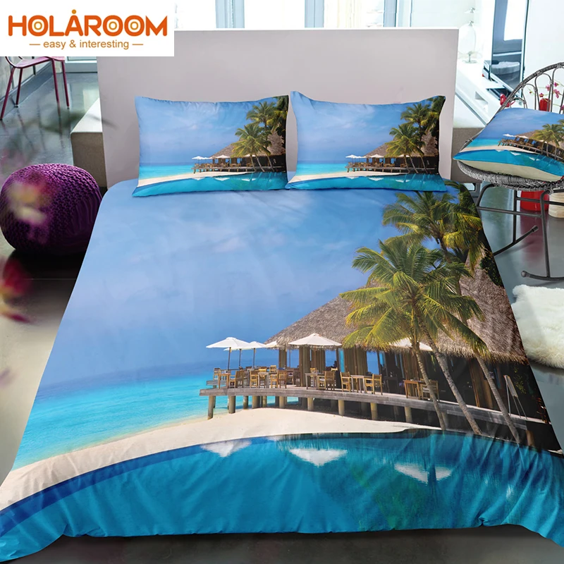 

3D Reactive Printing Bedding Set Sea Holiday Scenery Pattern Duvet Cover Set Bedclothes With Pillowcase Home Bedroom Decoration