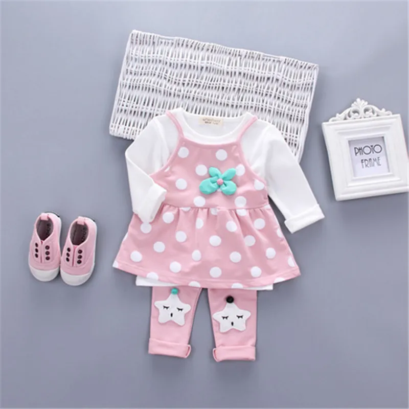 

BibiCola Autumn Baby Girls Clothing Sets 3pcs girls spring sport suit long sleeve cartoon t-shirt +overall dress+pants tracksuit