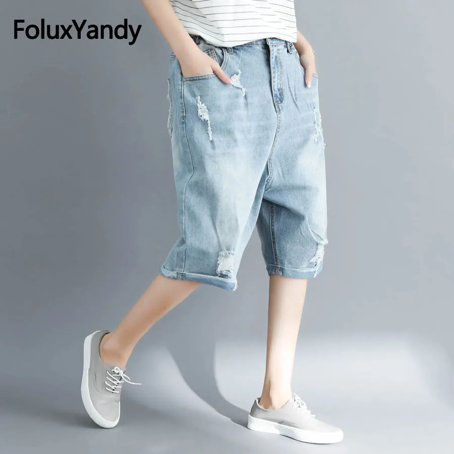 

Knee Length Jeans Women Summer Capris Casual Loose Hole Ripped Denim Harem Pants Plus Size 3XL 4XL NQYL44oil