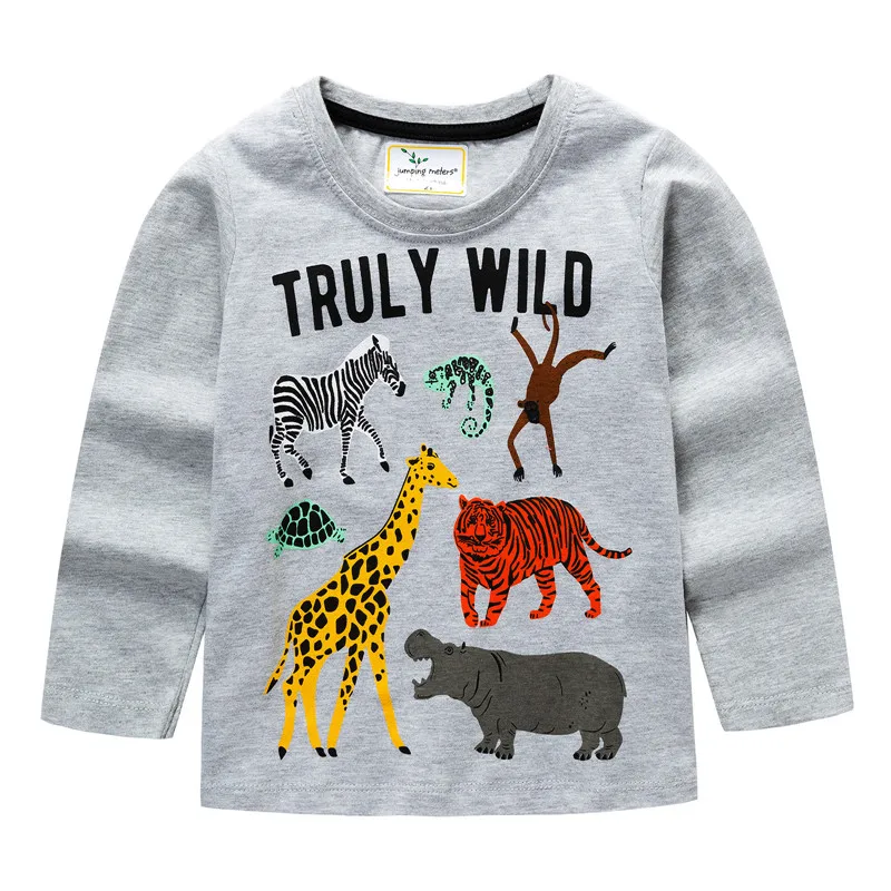 Jumping meter/Одежда для маленьких мальчиков футболки на осень и весну, хлопковые футболки с длинными рукавами для мальчиков с принтом животных, рыб, тигра детские топы