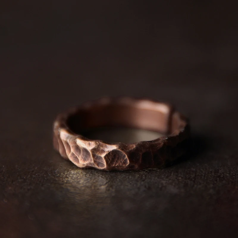 Tibetan Hand Beaten Solid Copper Ring Hammered Vintage Process Black Smithed Size Adjustable Retro Punk Street for Men Women 2