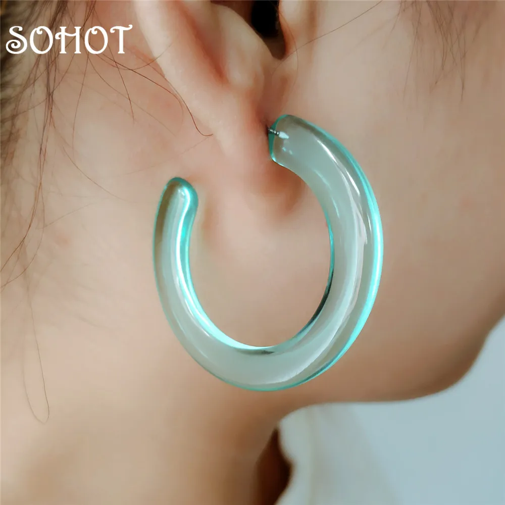 

SOHOT 2018 New Tide Acrylic Imitation Crystal C shape Hoop Earrings Candy Color Boho Style Femme Party Jewelry For Popular Gift