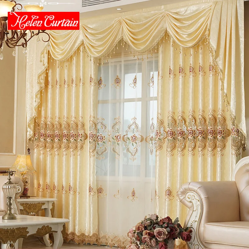 Us 56 11 35 Off Helen Curtain Set Luxury Embroidered Gold Yellow Curtain For Living Room White Curtain Valance For Bedroom Window Drapes Tulle In