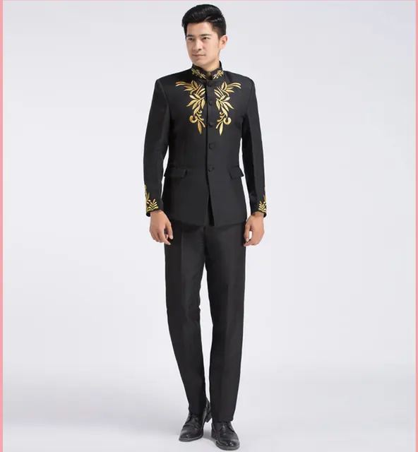 Chinese stand collar male business suit Chinese style embroidery