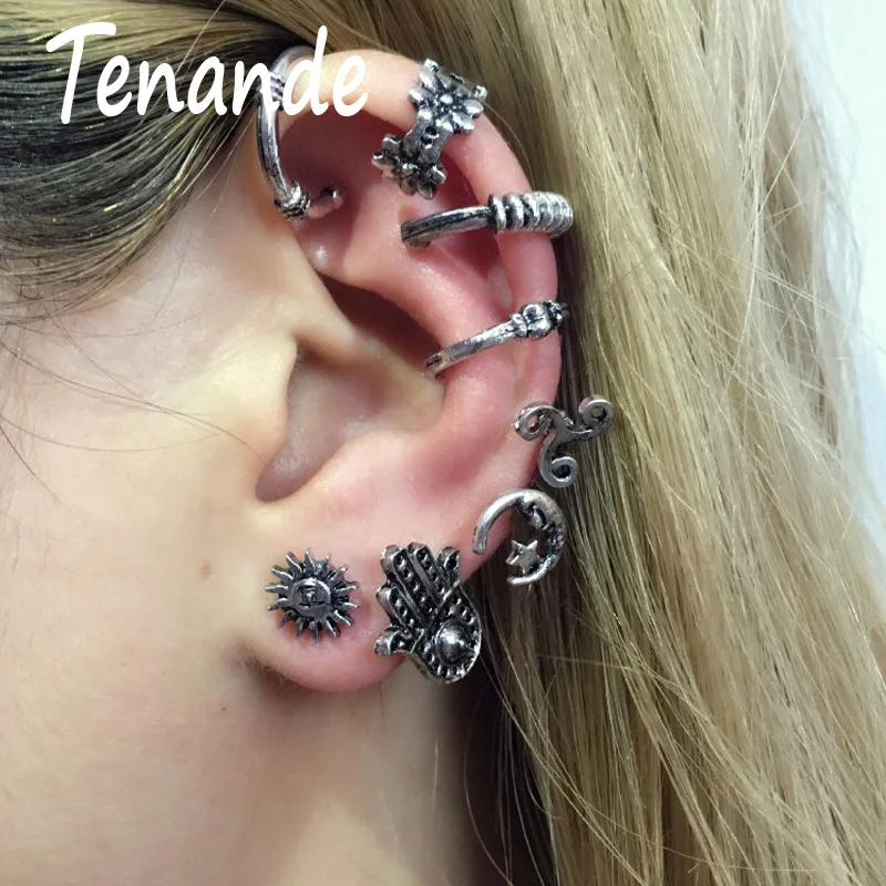 

Tenande 8 Pairs/Set Punk Small Moon Star Sun Flowers Hamsa Hand Clip Earrings for Women Night Club Jewelry Femininos Brincos