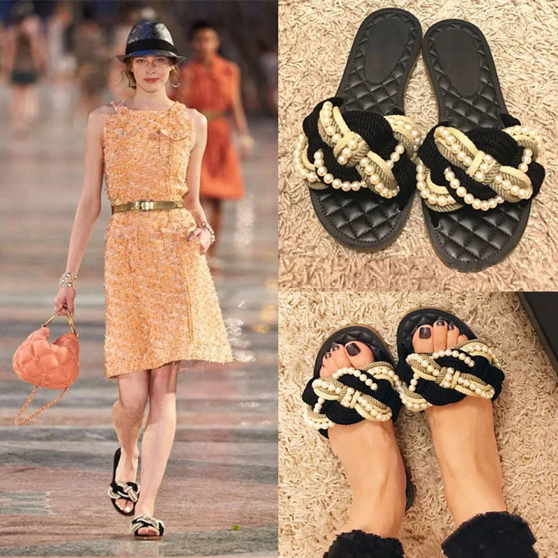 

Summer 2019 New Women Sandals Twist Woven Pearl Beach Shoes Fashion Slippers Low Heel Shoes Holiday Shoes Women Women Slippers