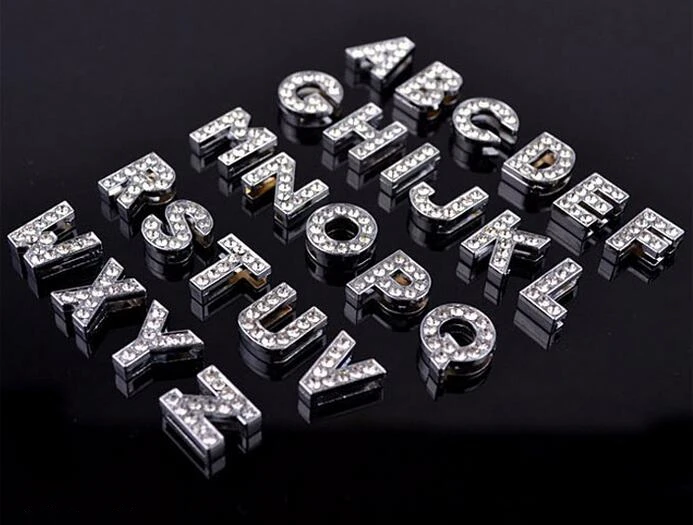 

26PCS 8mm Clear Rhinestone Silver Letters A-Z Slide Charms Slide Beads DIY 8mm Bracelets Wristbands,Belt Straps Pet Name Collar