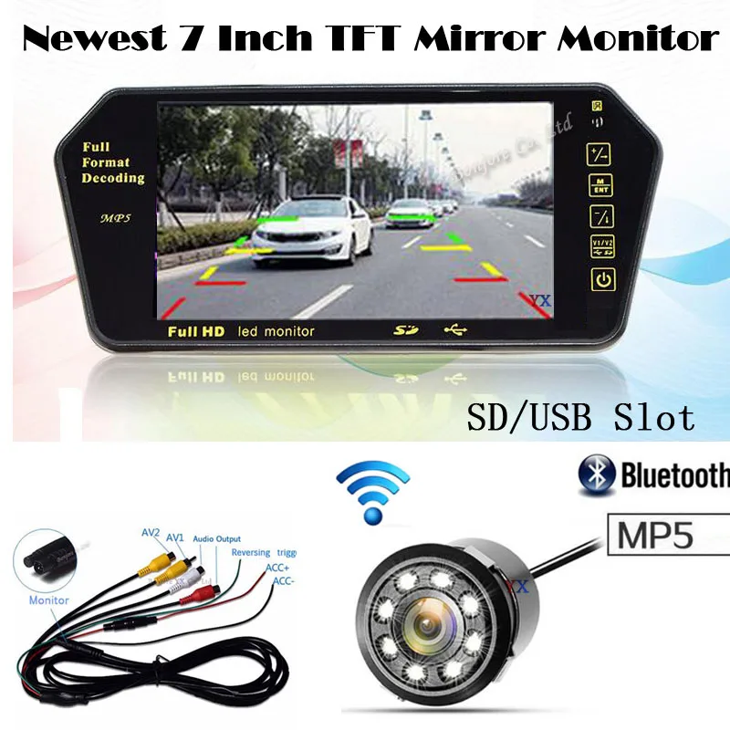

KOORINWOO Wireless 7" Car Monitor Mirror Bluetooth MP5 Screen RCA 12v with Car Rear view camera 8 LED Reverse Cam Parking System