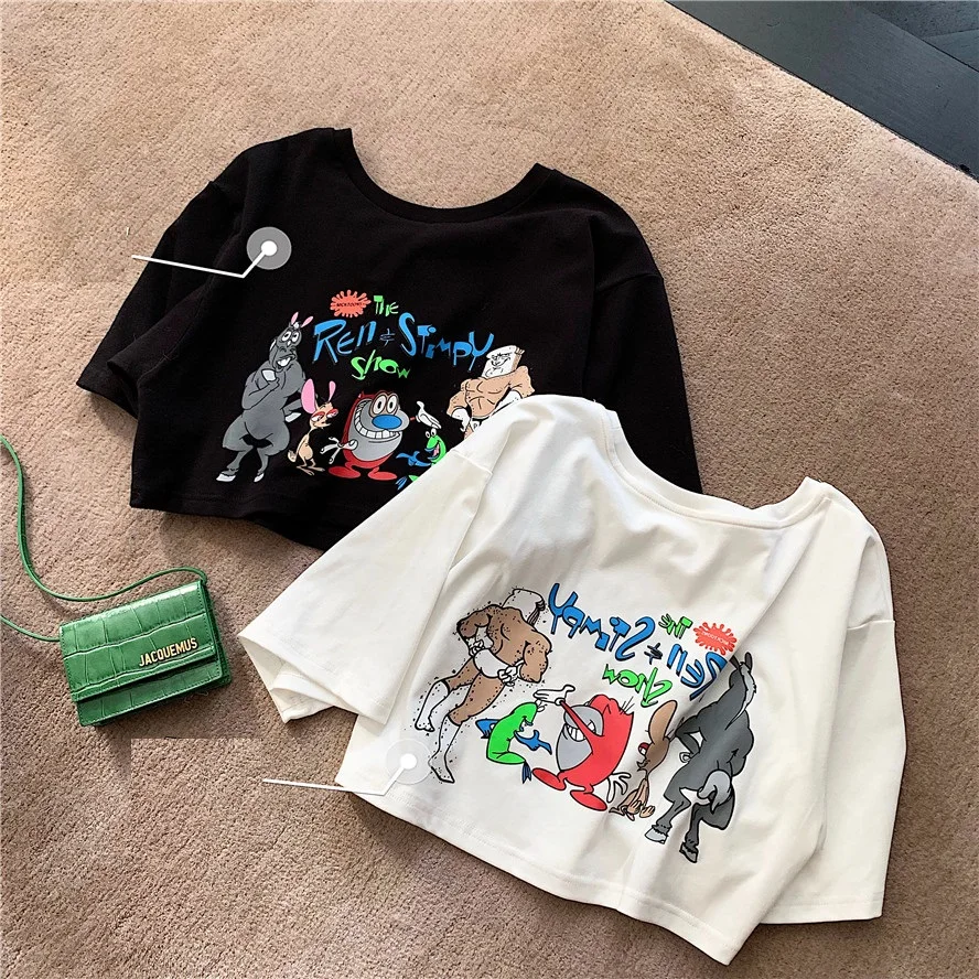 

2 colors 2019 summer korean style cartoon print short sleeve t shirts womens short tops tee shirt femme (R721)
