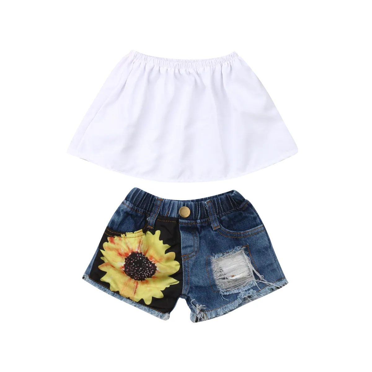 Toddler Baby Girls Sunflower Outfits Solid Crop Tops+Ripped Shorts Set 1-5T | Детская одежда и обувь