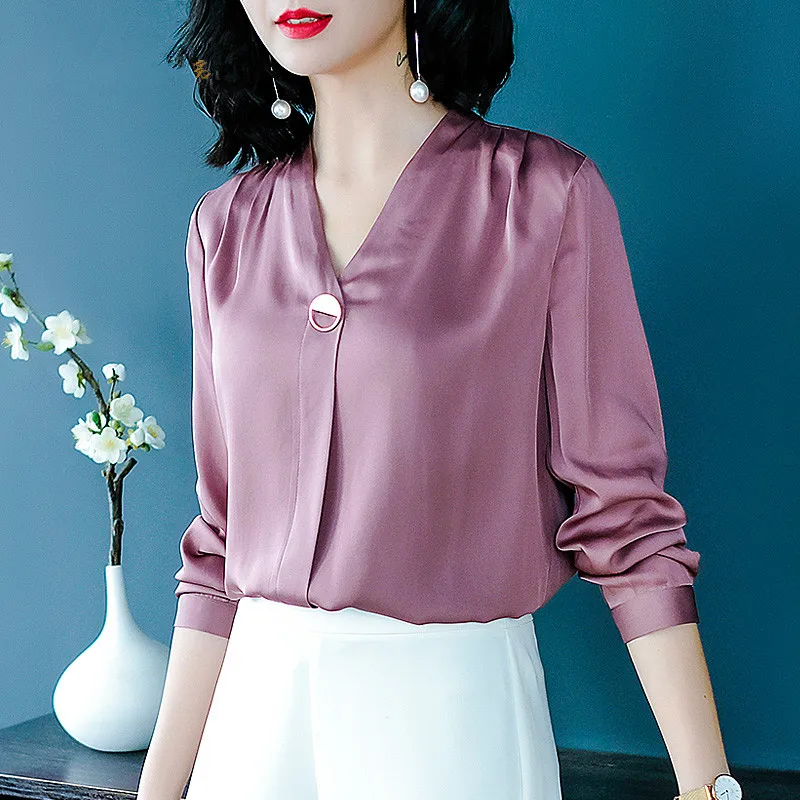 Женская блузка, Элегантная блузка из натурального шелка, рубашка с v-образным вырезом, женские топы, Весенняя летняя одежда, blusas mujer de moda XQ034