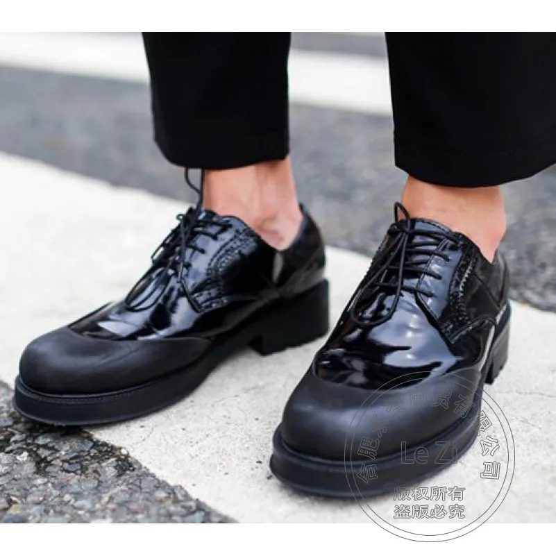 

Black Patent Genuine Leather Lace Up Color Block Round Toe Chunky Medium Heels Heeled Dress Party Male Business Shoes For Men