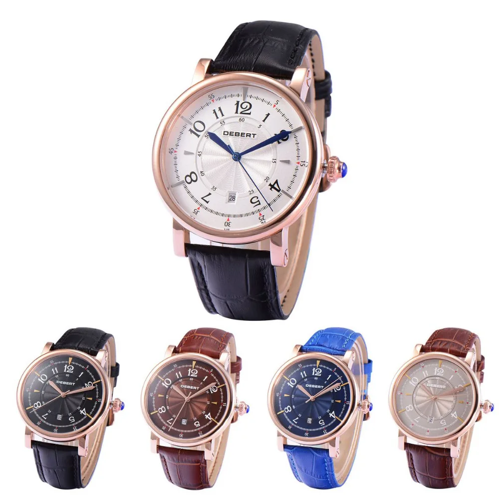 Debert 43mm Leather Strap Rosegold Case Calendar Date 21 Jewels Miyota
