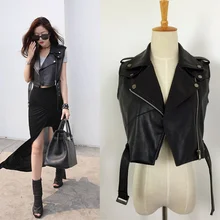 Новая куртка из искусственной кожи с высокой талией без рукавов, жилет, мотоциклетные черные кожаные жилеты из искусственной кожи, Женская весенне-осенняя жилетка W1683
