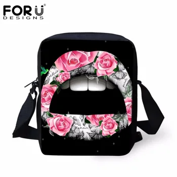 

FORUDESIGNS Black Women Fashion Handbags Messenger Bags Funny Lips Flower Pattern Female Travel Cross Body Bags Small Satchel