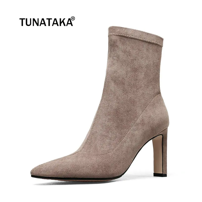 

Women Suede Sexy Thin High Heel Ankle Boots Fashion Pointed Toe Slip On Fall Winter Bootie Black Brown Gray