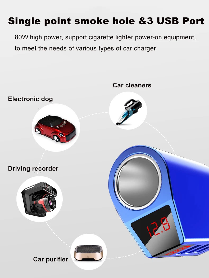 Разветвитель Прикуривателя с 3 портами(стандарт автомобиля Зарядное устройство 12 V-24 V 80W Мощность адаптер цифровой светодиодный Дисплей Батарея заднего вида автомобиля монитор для автомобилей Грузовик