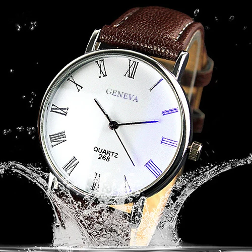 

Popular Men Roman Numerals Blu-Ray Faux Leather Band Quartz Analog Business Watch 5V1Z