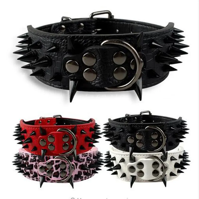 Fashion Wide Cool Sharp Spiked Studded Leather Dog Collars For Medium
