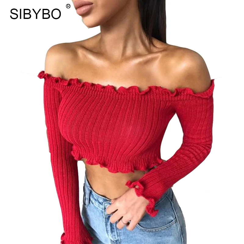 

Sibybo Sexy Off Shoulder Knitted T Shirt Women Crop Tops 2019 Autumn Long Sleeve White Slim Nightclub Cropped Top Tees Shirts