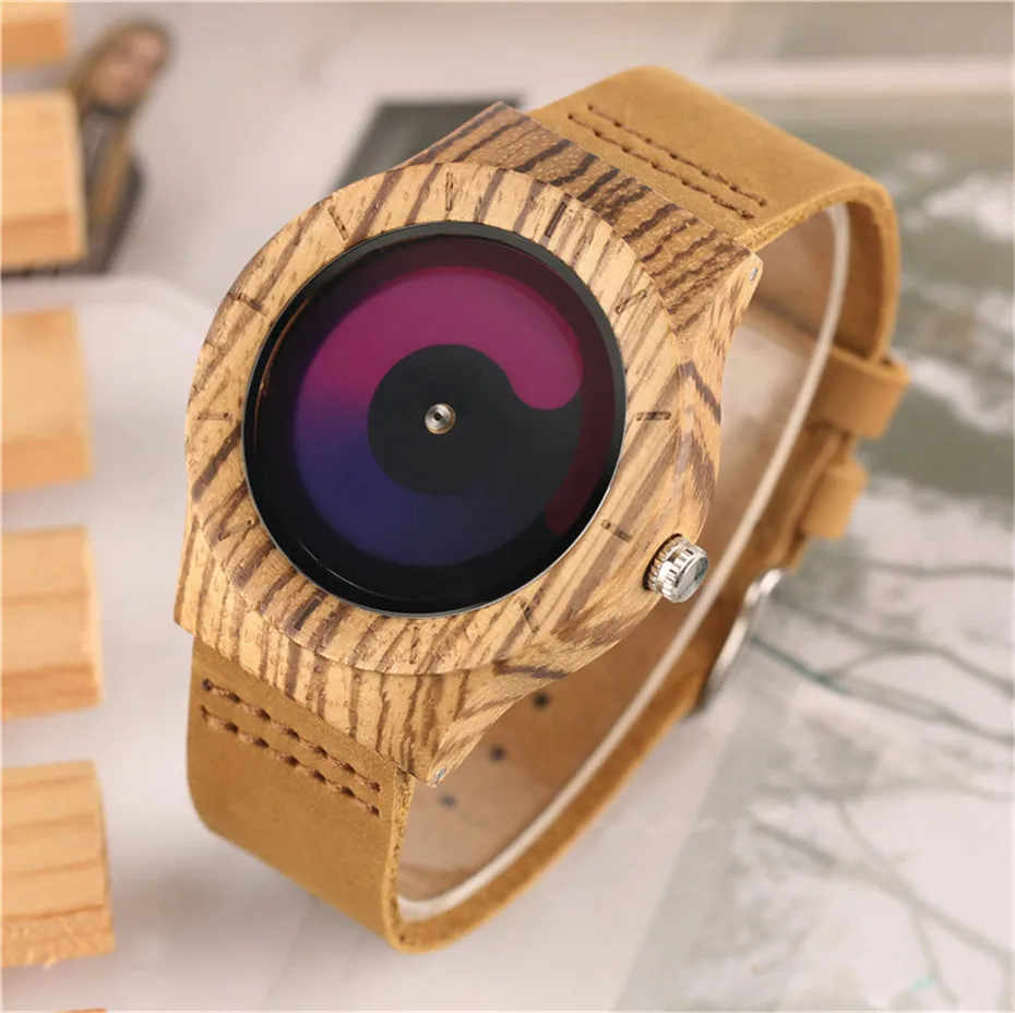Creative Gradual Color Turntable Handmade Genuine Leather Band Strap Nature Wood Swirl Dial Quartz Wrist Watch Male Sports Clock (22)
