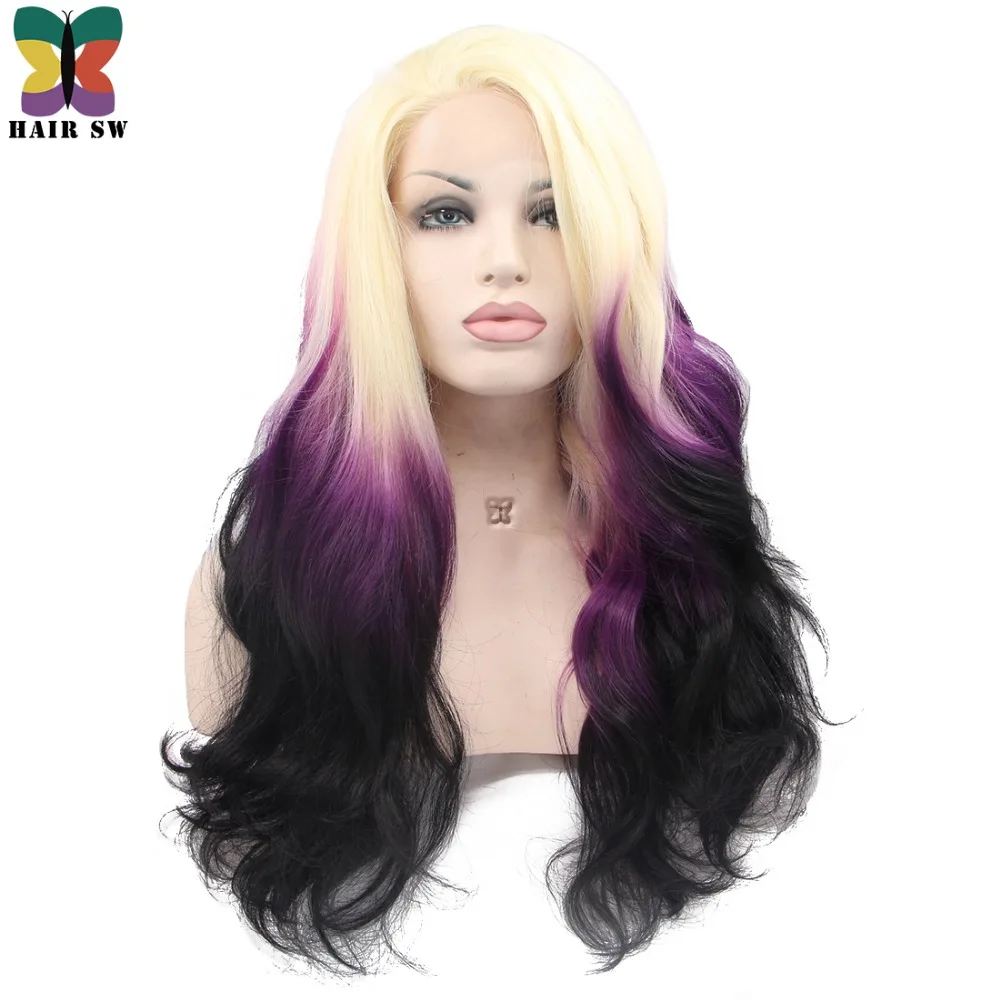 HAIR SW Long Body Wave Synthetic Lace Front Wig Ombre Blonde Purple Black Three tone Rainbow Dip Dyed Darg Queen Wig For Women body-wave : image HAIR SW Long Body Wave Synthetic Lace Front Wig Ombre Blonde Purple Black Three tone Rainbow Dip Dyed Darg Queen Wig For Women body-wave