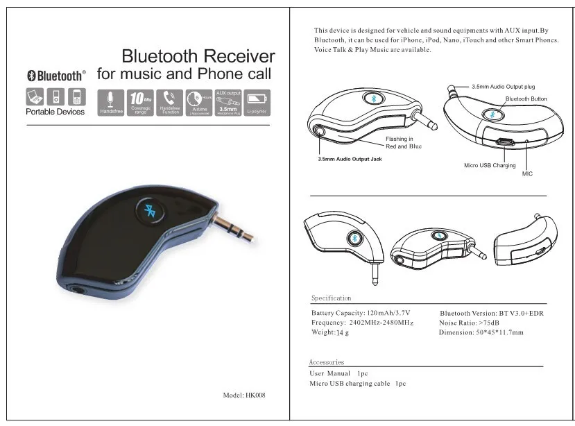 Беспроводной Bluetooth автомобильный стерео аудио адаптер/приемник(3,5 мм Aux вход Jack) для Бесконтактный для музыки потокового или вызова для iPhone