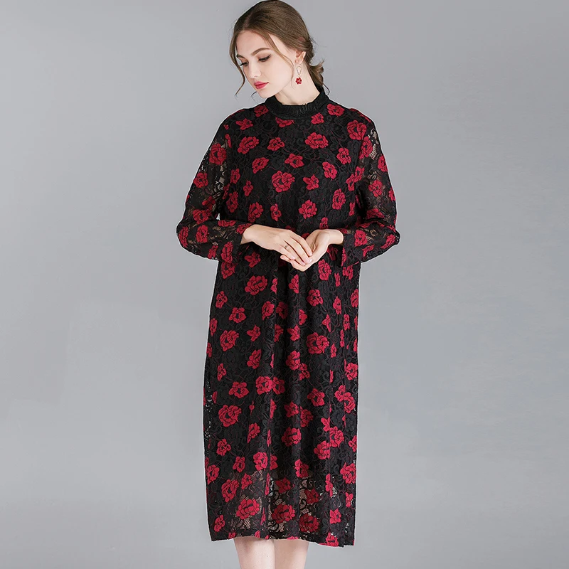 

2019 elegant women floral lace dresses plus size stand collar spring lady hollow lace casual long dress black red color