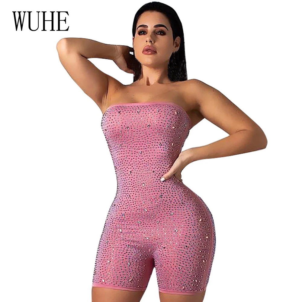 WUHE Rhinestone Diamonds Jumpsuit Sleeveless Off Shoulder Club Party Playsuit One Piece Bodysuit Backless Women Romper Overalls