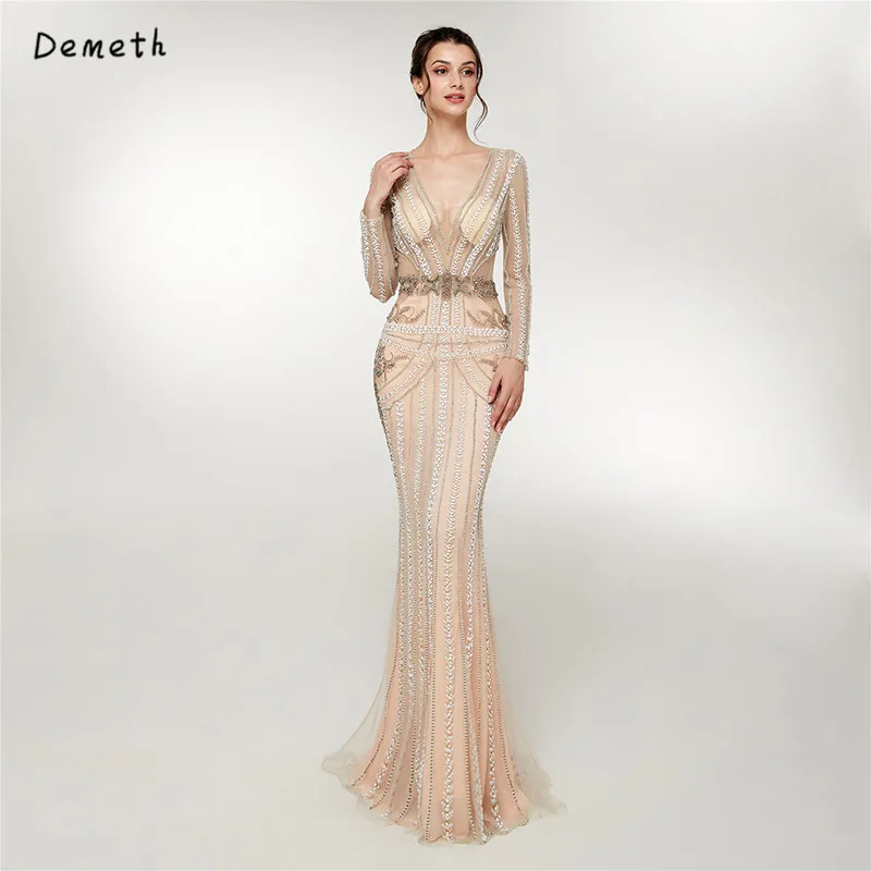 

Demeth Long Sleeve Evening Gowns Sexy V Sheer Neck Mermaid Dubai Evening Dresses Beaded Illusion Bodice Champagne Celebrity Dre