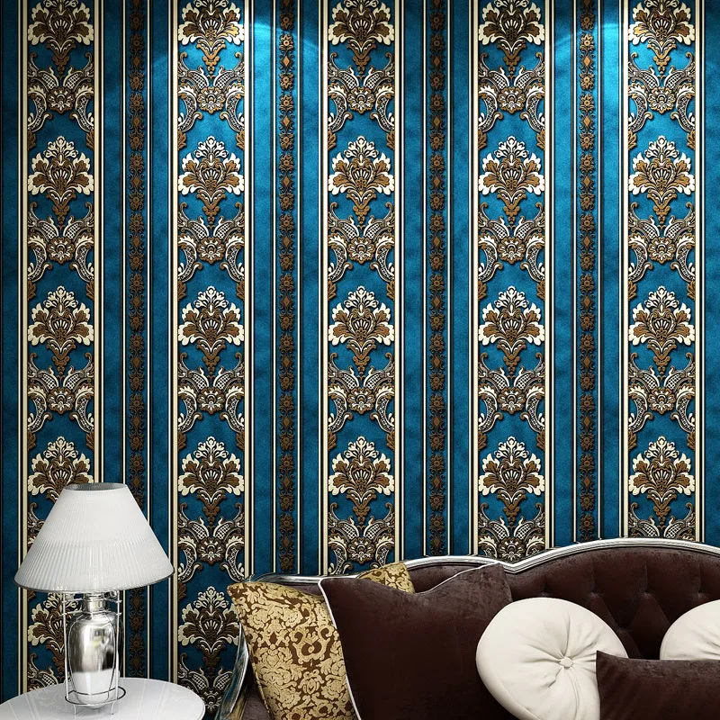 

European luxury blue gold Damascus Non-woven wallpaper TV background wallpaper roll wall paper papel de parede 3d contact paper