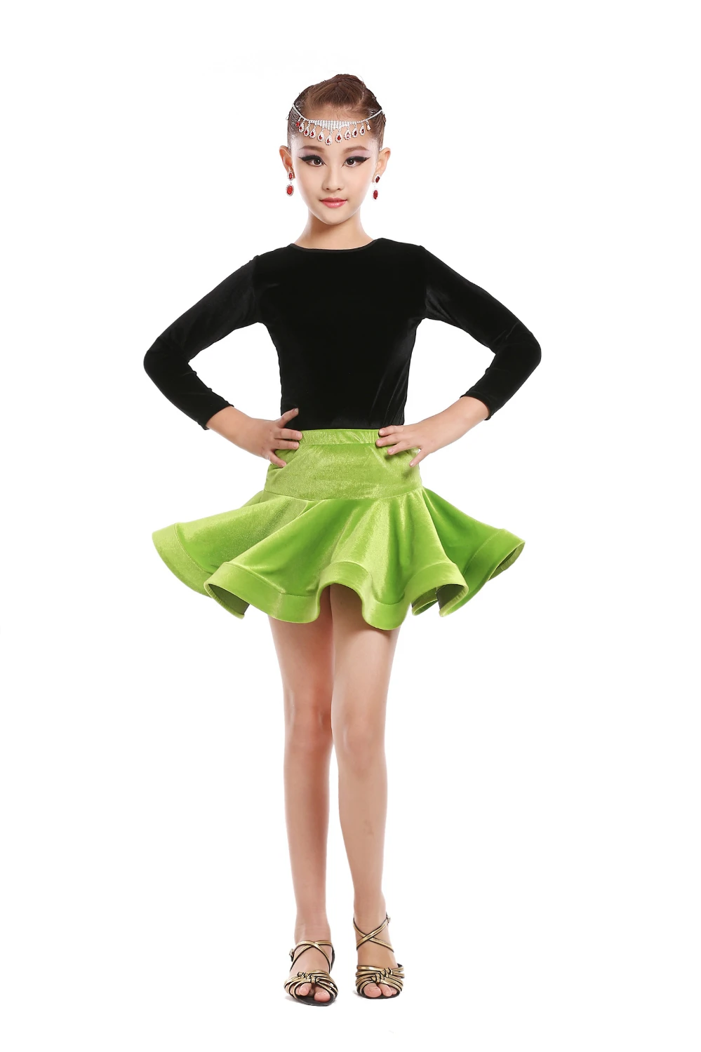 Леопардовый бархатный латинский танцевальный костюм для девочек, одежда для спортивной гимнастики, танго, сальсы, бальная юбка для девочек - Цвет: green