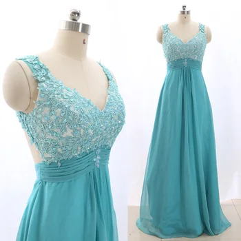 

MACloth Turquoise A-Line V Neck Floor-Length Long Beading Chiffon Prom Dresses Dress M 265948 Clearance