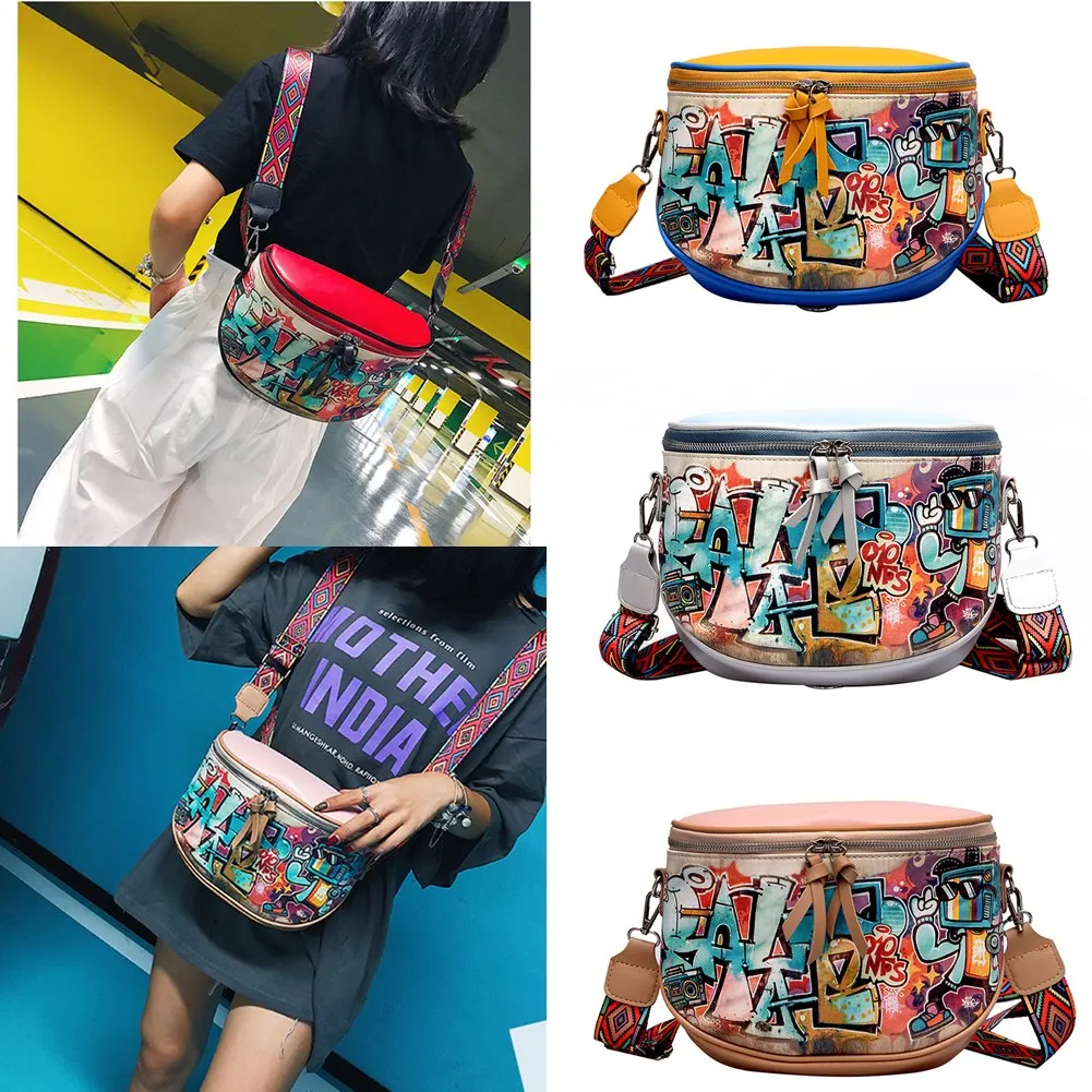 

2018 New Women Scrawl Shoulder Bag PU leather Ribbon Strap Crossbody bag Colorful Printing Handbags Street Girls Messenger bag
