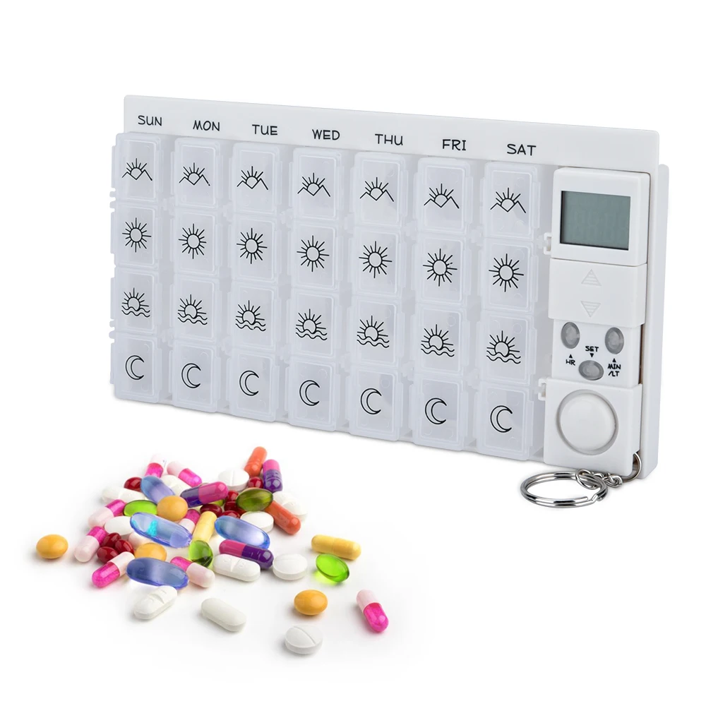 

7 Days Tablets Pill Box Medicine Pill Case Organizer LED Light Timer Reminder Weekly Storage Pill Dispenser Alarm Clock M4