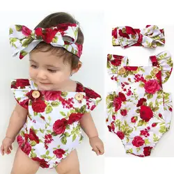 Одежда для новорожденных девочек, комбинезон с цветочным рисунком, боди + повязка на голову, одежда для малышей, пляжный костюм